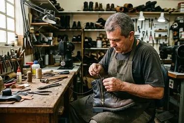 Sapateiro consertando o zíper de uma bota em Catanduva.