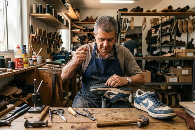 Sapateiro reparando tênis em Catanduva.