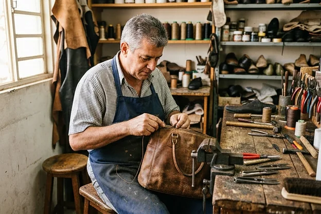 Sapateiro reformando bolsa de couro em Catanduva.