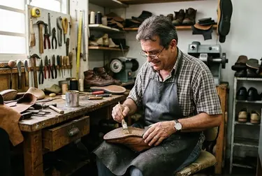 Sapateiro colando solas de um sapato em Catanduva.
